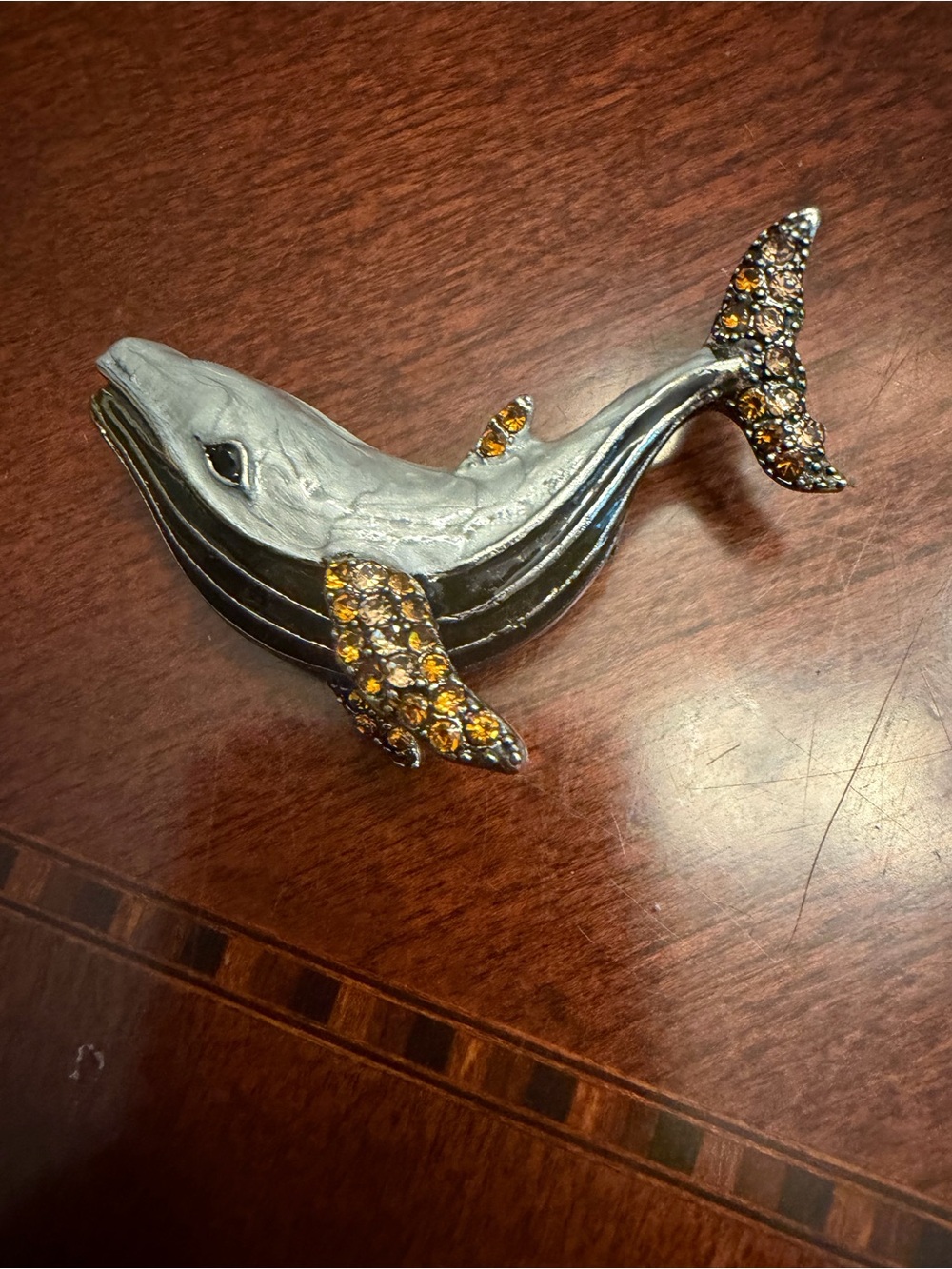 Whale Brooch with Amber Rhinestones